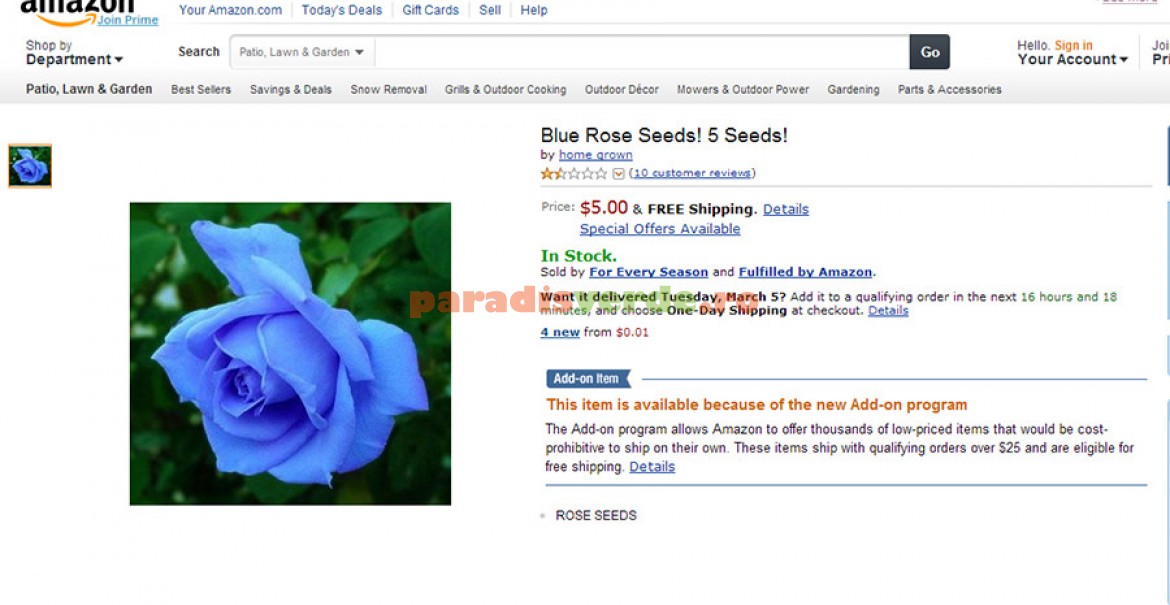Impostură pe amazon.com: seminţe de trandafiri albaştri.